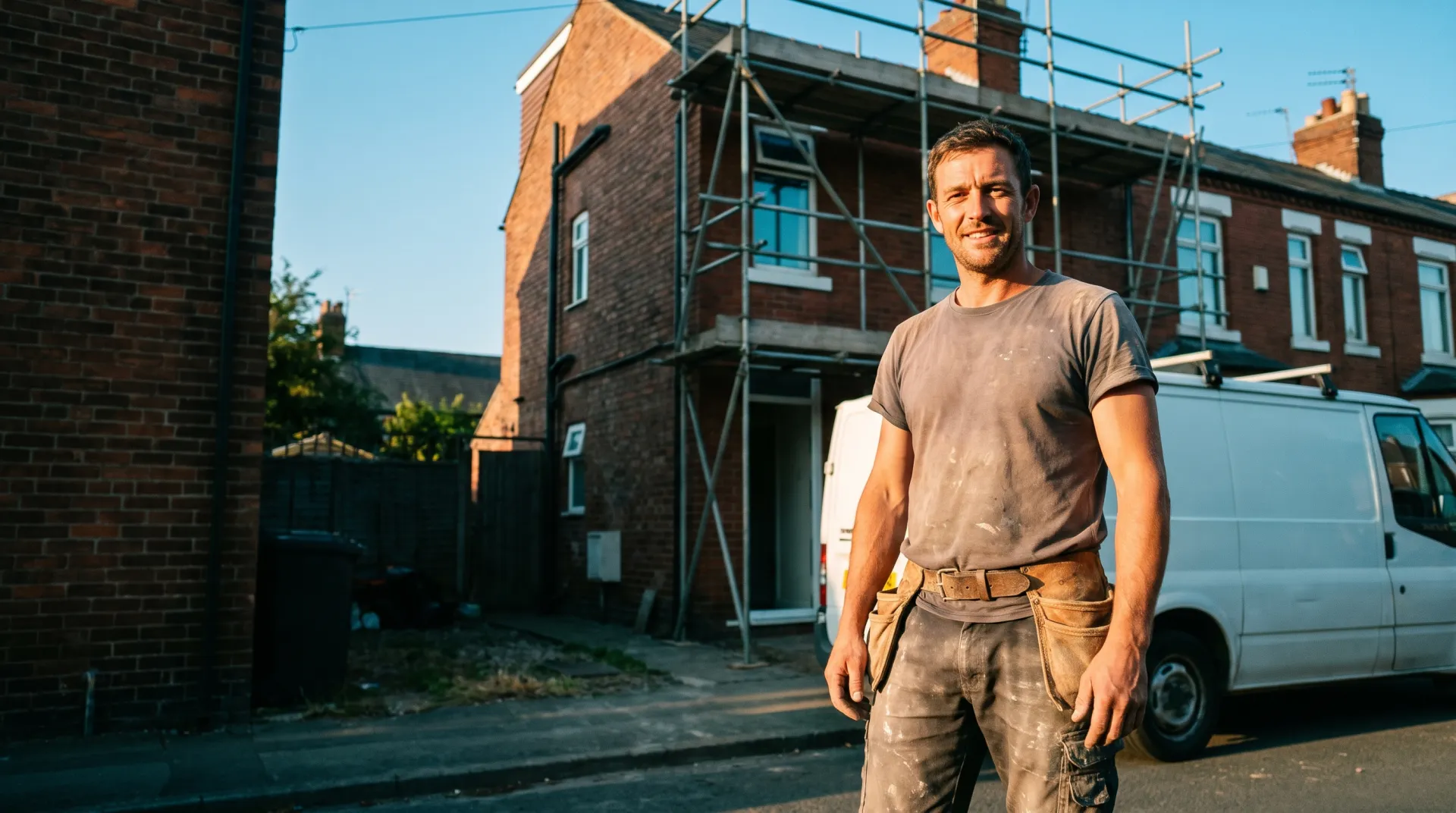 A UK builder in dusty workwear outside a scaffolded brick house with his van at golden hour