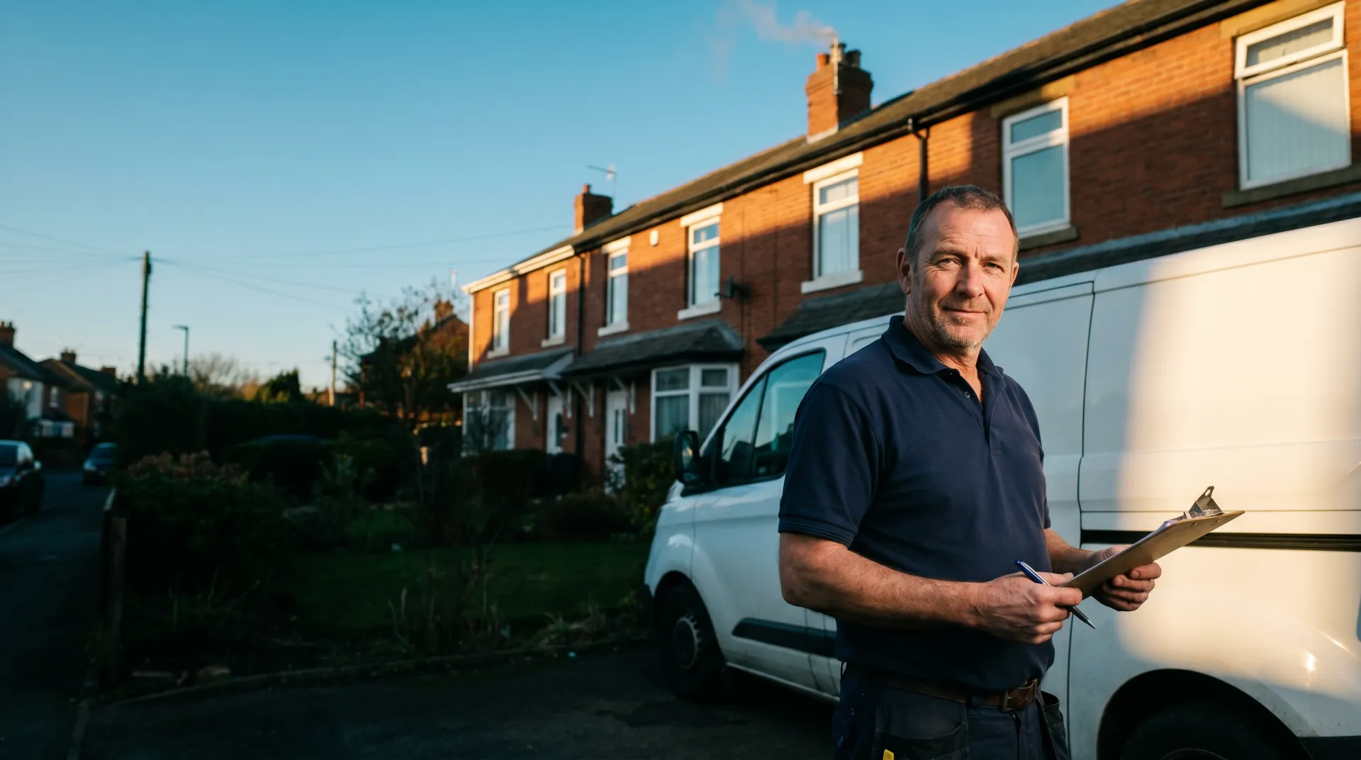 A UK gas heating engineer with a clipboard by his white van outside a brick terrace at golden hour