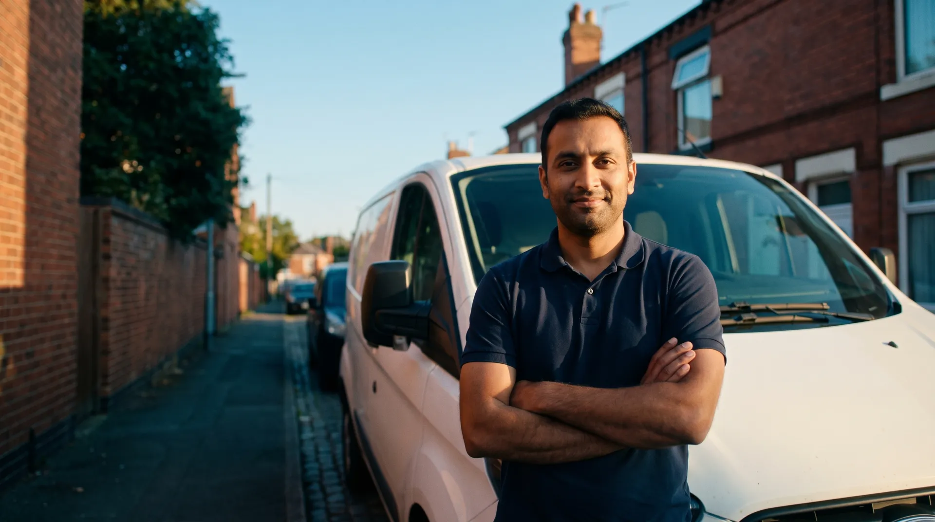 A confident South Asian British plumber standing arms folded by his white van on a brick terraced street at golden hour