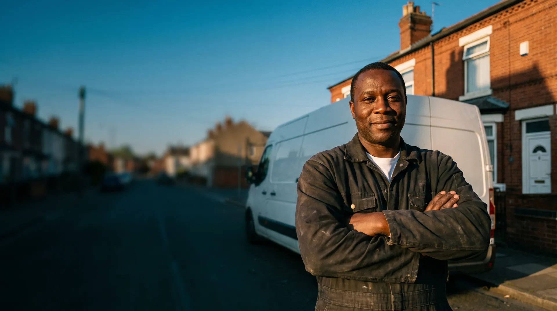 A confident Black British tradesman standing arms folded by his white van outside a brick house at golden hour