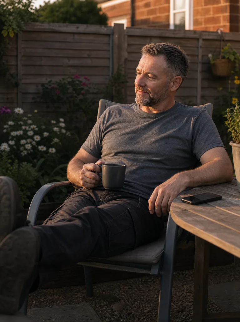 The engineer relaxing in his garden in the evening, phone face down on the table