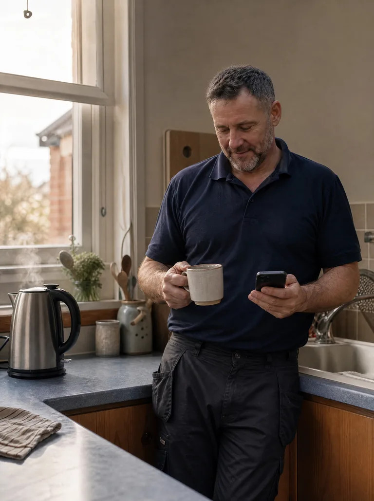 A gas engineer reading his phone over a brew in his kitchen first thing in the morning