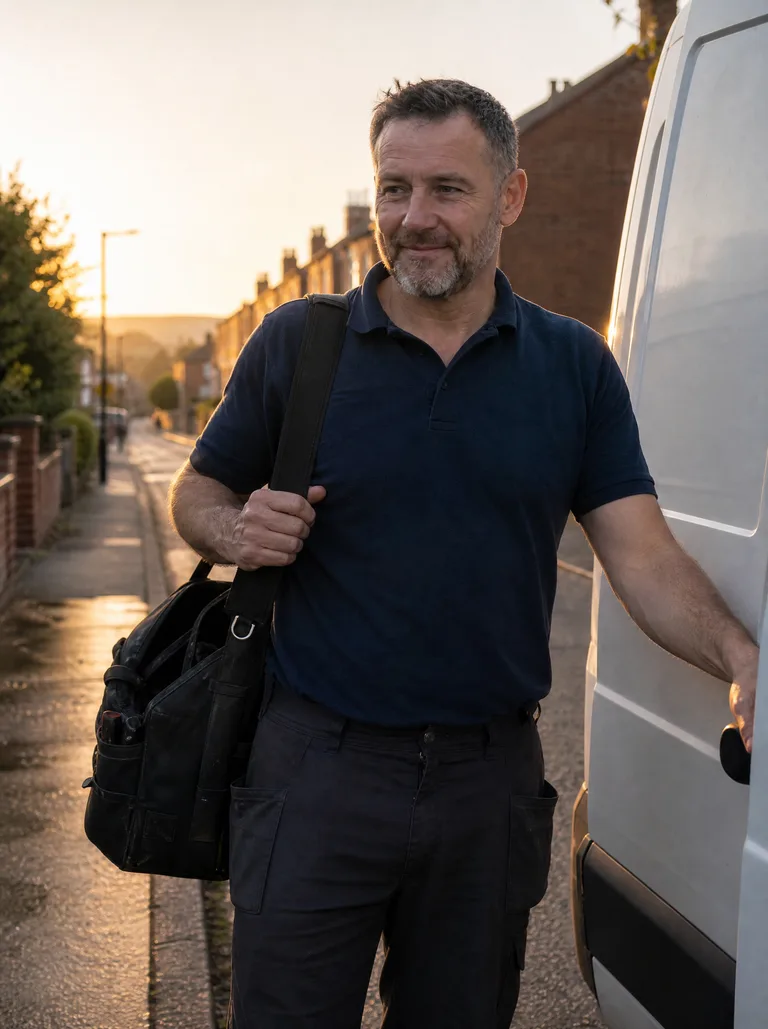 The engineer closing his van doors in golden late-afternoon light, last job done