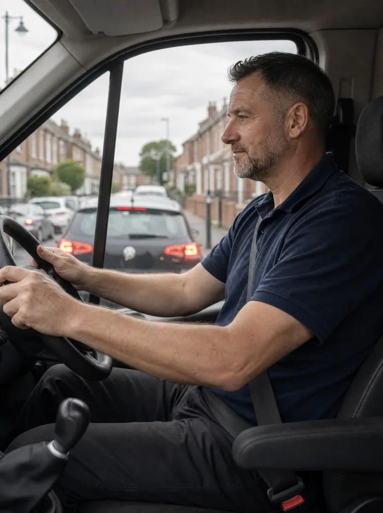The engineer driving his van through traffic between jobs