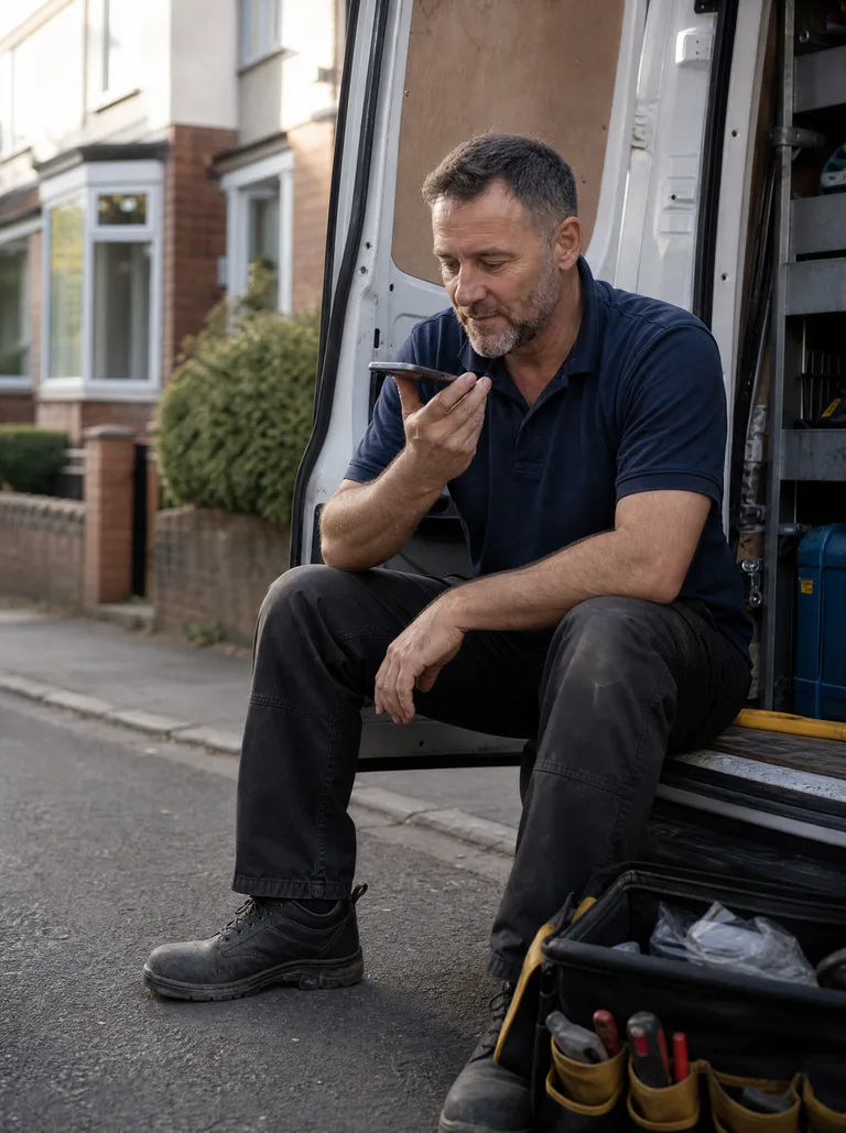 The engineer sat in his van doorway recording a voice note after a site visit