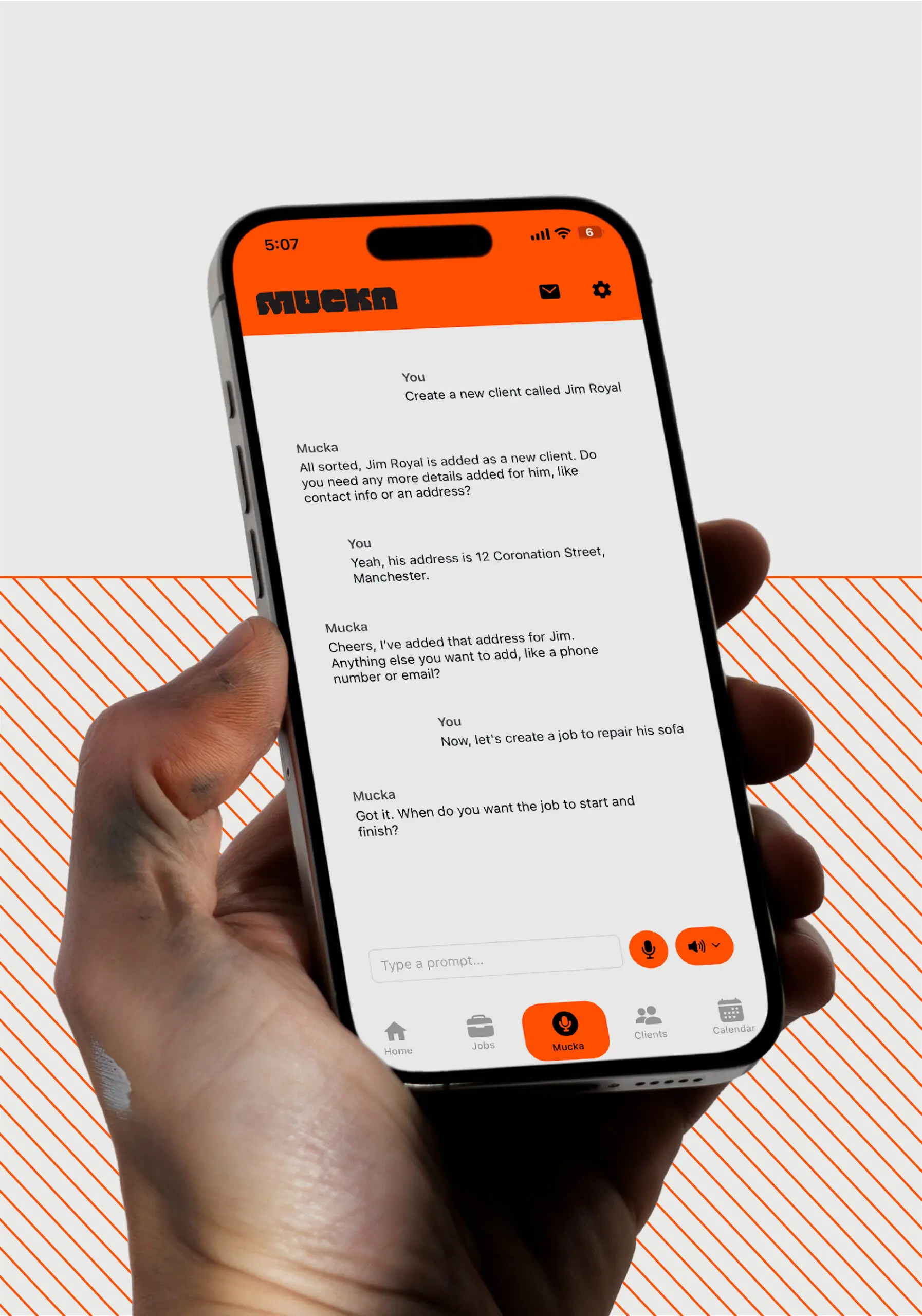 Mucka voice-first job management software showing quote and invoice features for UK tradespeople