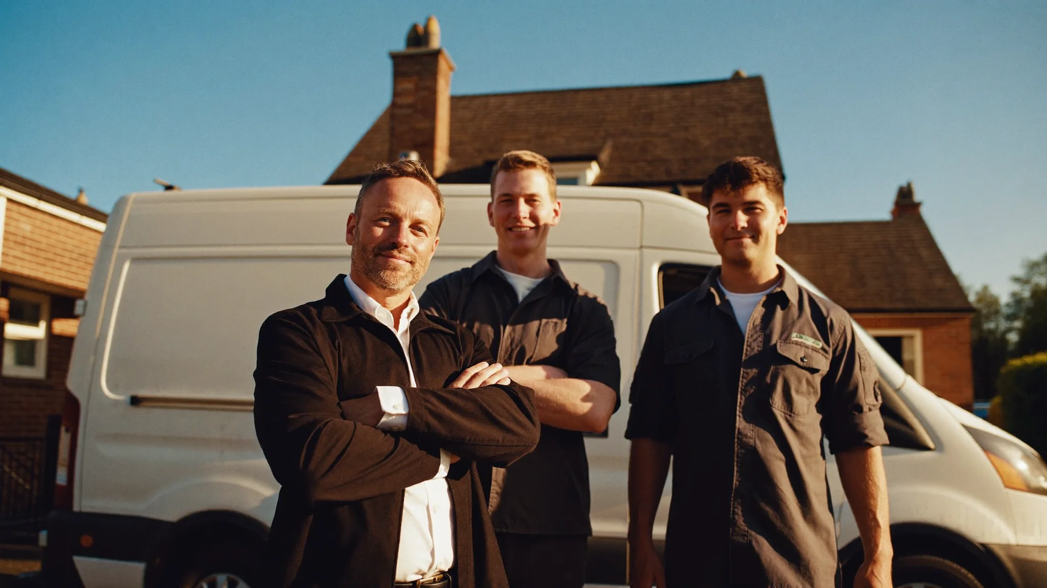 A gas and heating firm owner with two younger engineers beside their van outside a UK home